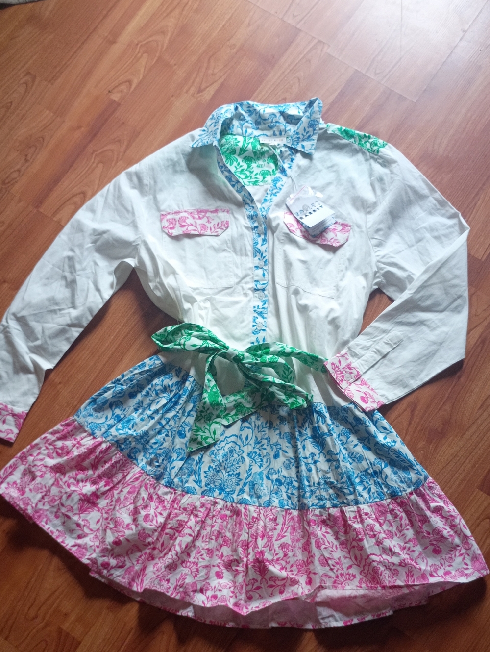 Roller Rabbit White Midi Dress with Pink, Blue & Green Floral Panels